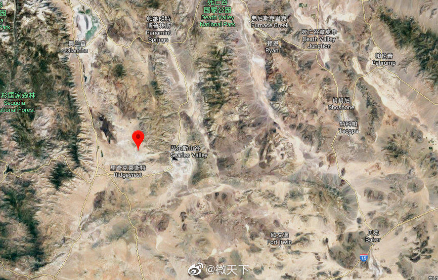 7月5日晚，南加州7.1級地震 北緯35.76度，西經117.60度